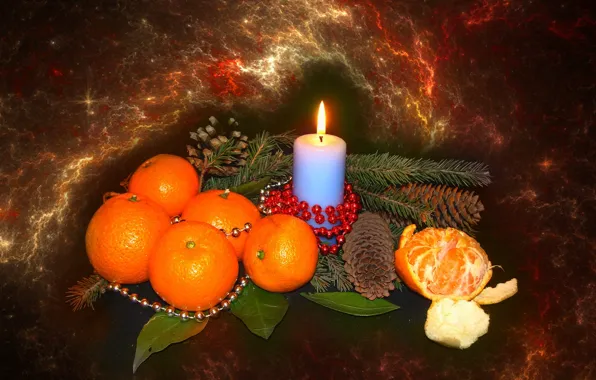 Картинка настроение, свеча, ель, мандарины, авторское фото Елена Аникина, новогодний натюрморт