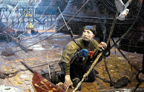Картина, флаг, голуби, церковь, колокола, красноармеец, Павел Рыженко, козак