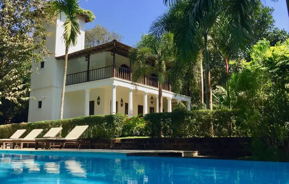 Пальмы, бассейн, Индия, балкон, терраса, Villa Goa, колониальная португальская архитектура, звоница
