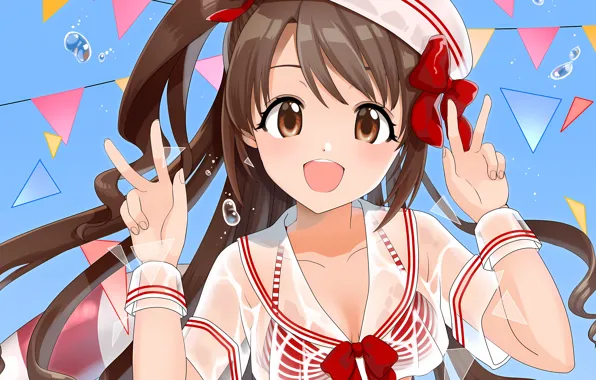 Girl, sexy, cleavage, long hair, brown hair, brown eyes, boobs, anime