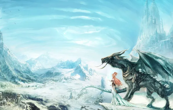 Картинка девушка, снег, замок, скалы, дракон, деревня, арт, рыжая