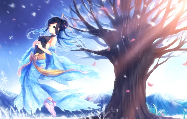 Картинка девушка, горы, снежинки, дерево, лепестки, арт, karo karo