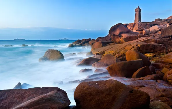 Картинка море, небо, камни, берег, маяк, башня
