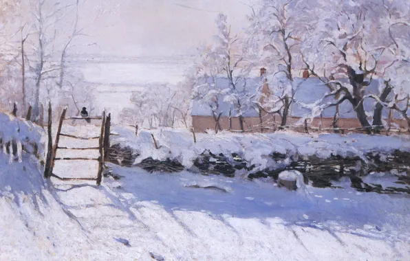 Картинка зима, снег, пейзаж, птица, картина, Claude Monet, Сорока, La Pie