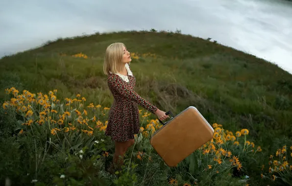 Картинка лето, девушка, чемодан