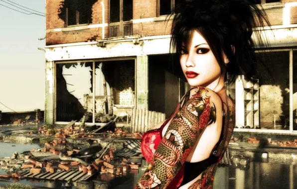 Девушка, дракон, макияж, тату, прическа, разрушенное здание