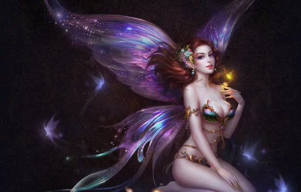 Взгляд, фон, узоры, крылья, фея, Fantasy, fairy