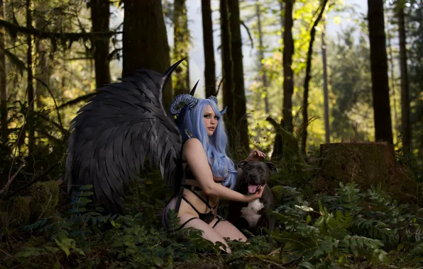 Forest, horns, boobs, dog, wings, cosplay, mia malkova