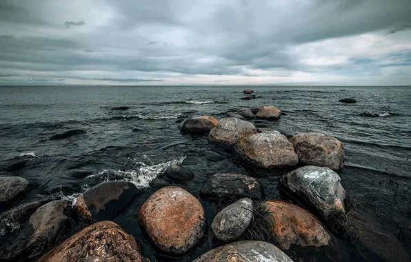 Море, небо, облака, река, камни, пасмурно, берег, горизонт