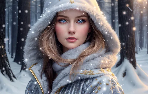 Зима, лес, взгляд, девушка, свет, снег, деревья, снежинки