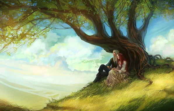 Картинка арт, парень, влюбленная пара, anndr, листья, дерево, рыжие волосы, девушка, длинные волосы, небо, облака