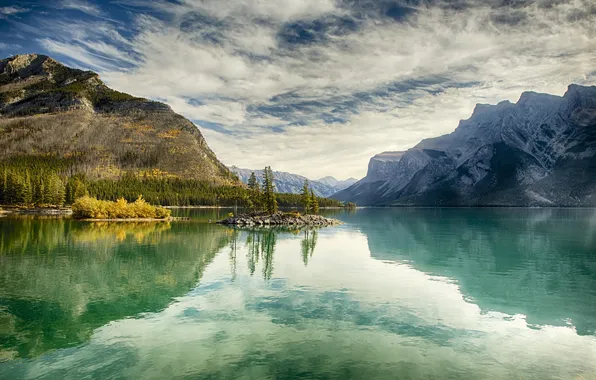 Осень, деревья, пейзаж, горы, озеро, остров, Канада, Альберта