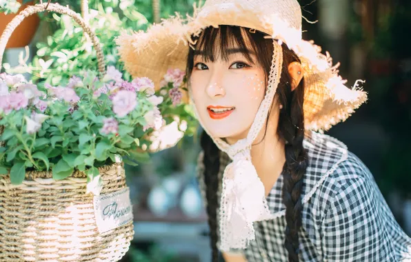 Beautiful, Asian, Model, Flowers, Woman, Hat, Pretty, Outdoor
