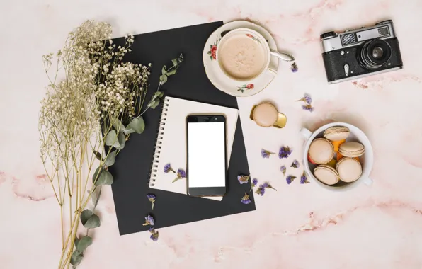 Цветы, кофе, фотоаппарат, блокнот, macaron