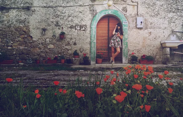 Girl, house, dress, flowers, street, door, entrance
