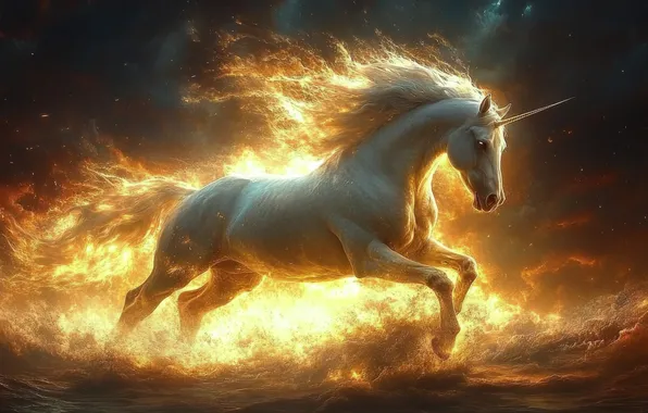 Взгляд, природа, поза, конь, лошадь, единорог, ИИ-арт, нейросеть