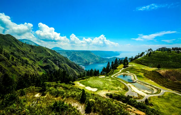 Горы, озера, Индонезия, панорама, Sumatra, Lake Toba