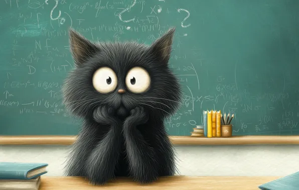 Кошка, кот, взгляд, поза, черный, учеба, книги, доска