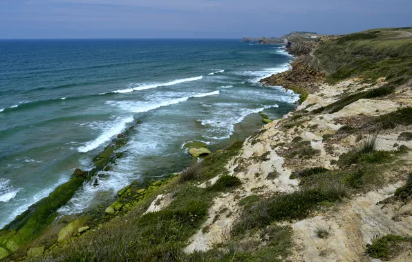 Море, волны, небо, трава, камни, скалы, берег, побережье