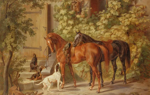 Собаки, картина, лошади, добычя, после охоты