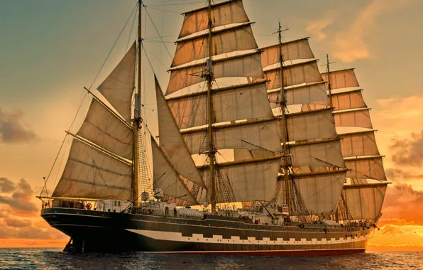 Море, вечер, Крузенштерн, барк