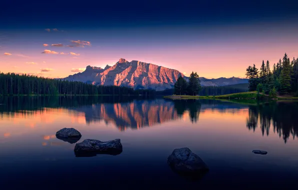 Горы, озеро, вид, Serenity, Two Jack Lake