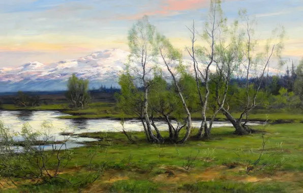 Картинка природа, картина, Горы и березы у водоёма, Юхан Тирен