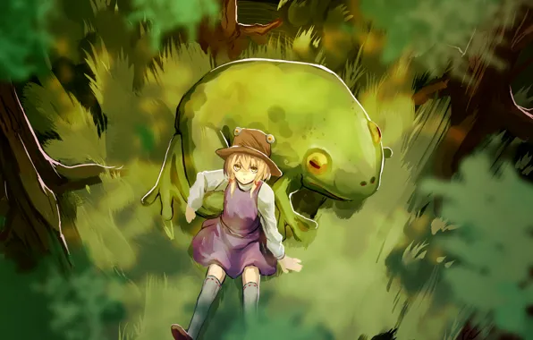 Лес, девушка, деревья, лягушка, Арт, Touhou Project, Сувако Мория, Suwako Moriya