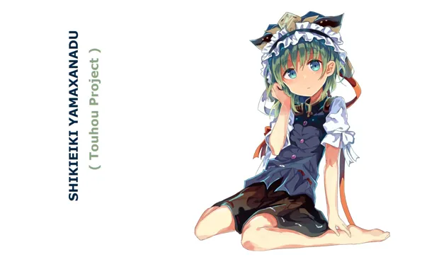 Шапка, белый фон, голубые глаза, art, зелёные волосы, босая, Touhou Project, Проект Восток