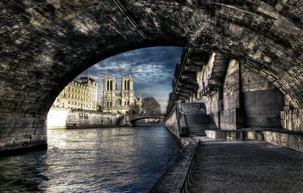 Мост, город, река, Франция, Париж, HDR, Notre Dame de Paris
