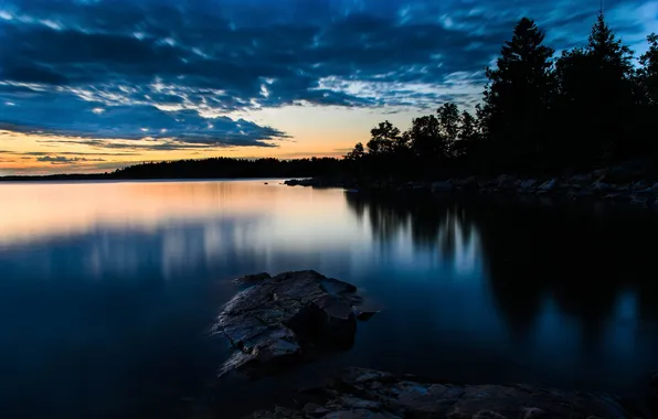 Лес, озеро, камни, вечер, сумерки