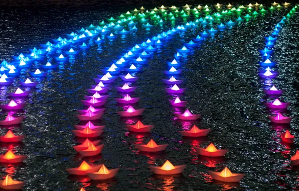 Rainbow, Lights, Colors, Boats, Paper Boats
