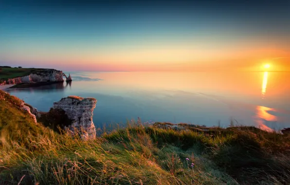 Пейзаж, природа, Sunset, Cliffs of Étretat