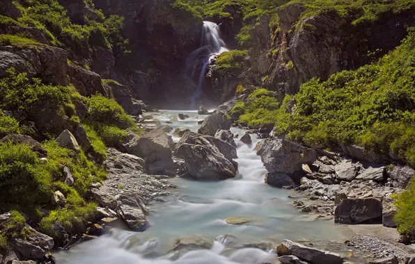 Горы, ручей, камни, скалы, водопад, Италия, Валле-д’Аоста