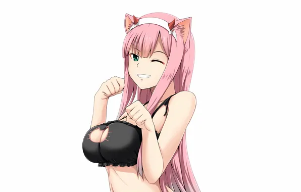 Girl, sexy, lingerie, bra, cleavage, pink hair, horns, green eyes