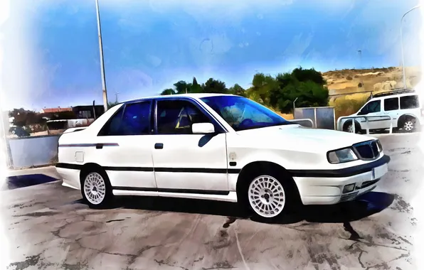 Картинка car, white, art, Lancia, sedan