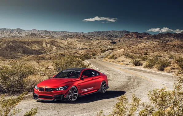 Картинка дорога, авто, пейзаж, красный, природа, дизайн, BMW M4