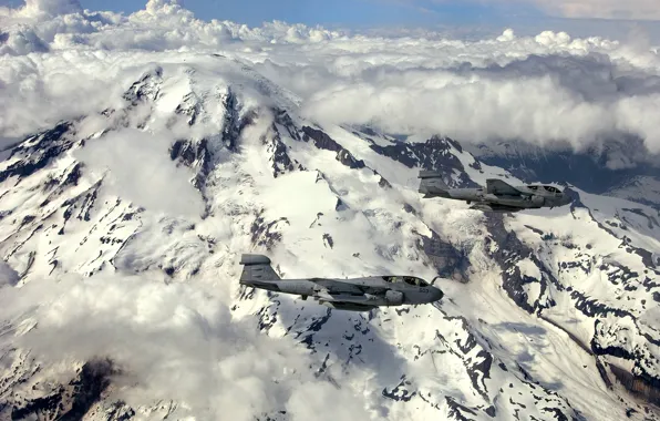Облака, полет, горы, вулкан, самолеты, Grumman, палубные, EA-6B
