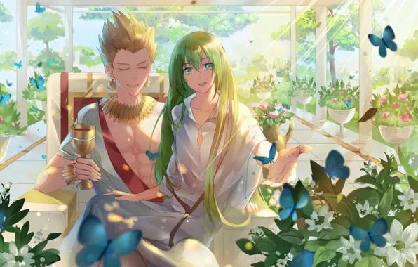 Бабочки, вино, аниме, арт, двое, персонажи, Гильгамеш, Fate Grand Order