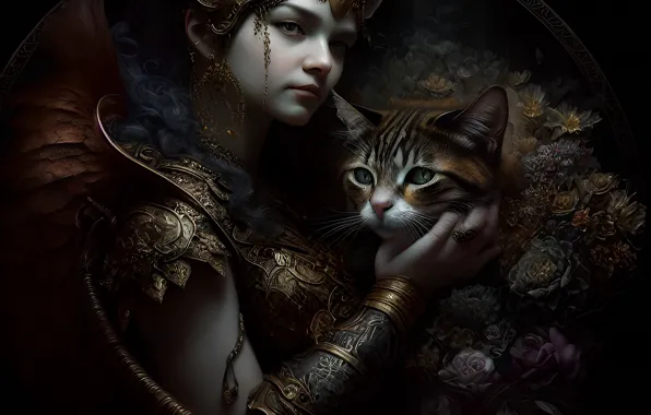 Кот, взгляд, девушка, украшения, цветы, портрет, доспехи, арт