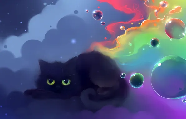 Кошка, цвета, шарики, рисунок, nyan, художник apofiss