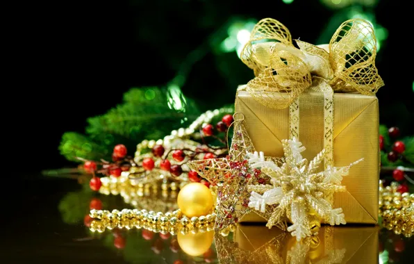 Отражение, праздник, подарок, новый год, лента, подарки, бусы, золотой