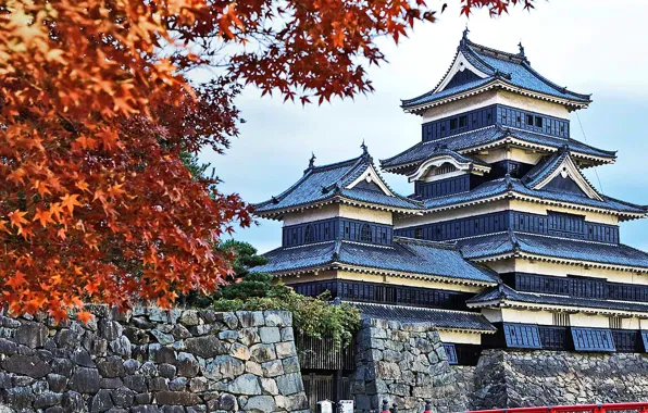 Осень, листья, Япония, пагода