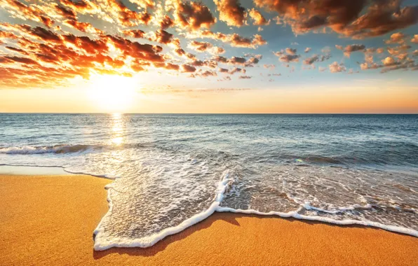 Картинка песок, море, пляж, небо, вода, пейзаж, закат, природа
