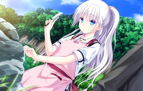 Девушка, камень, арт, нож, Summer Pockets