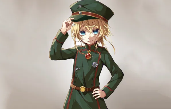 Girl, soldier, military, war, anime, chibi, blue eyes, cap