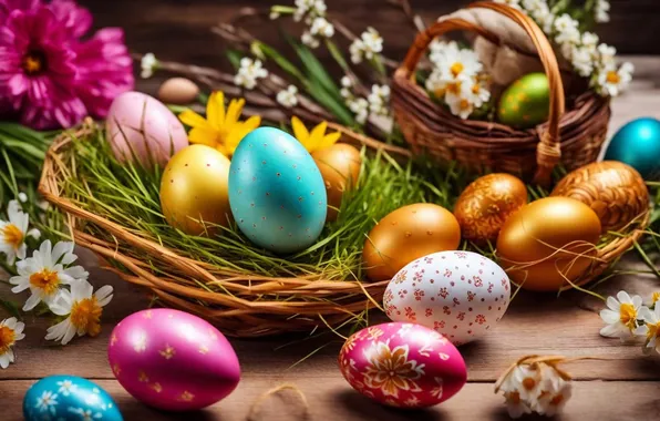 Картинка цветы, яйца, весна, colorful, Пасха, happy, flowers, spring