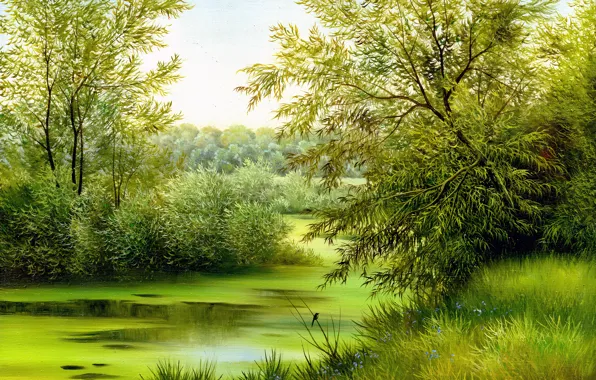 Картинка трава, деревья, пейзаж, природа, птица, цветочки, живопись, холст