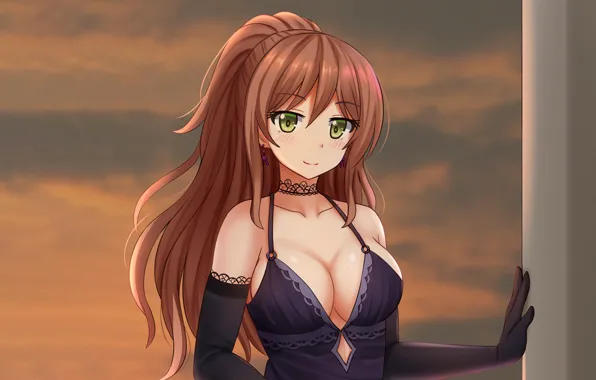 Girl, sexy, cleavage, green eyes, long hair, dress, brown hair, boobs