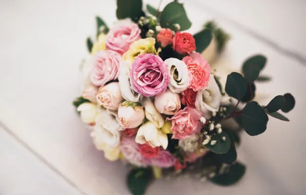 Листья, розы, нежные, Roses, lovely, wedding, эустома, Bouquets